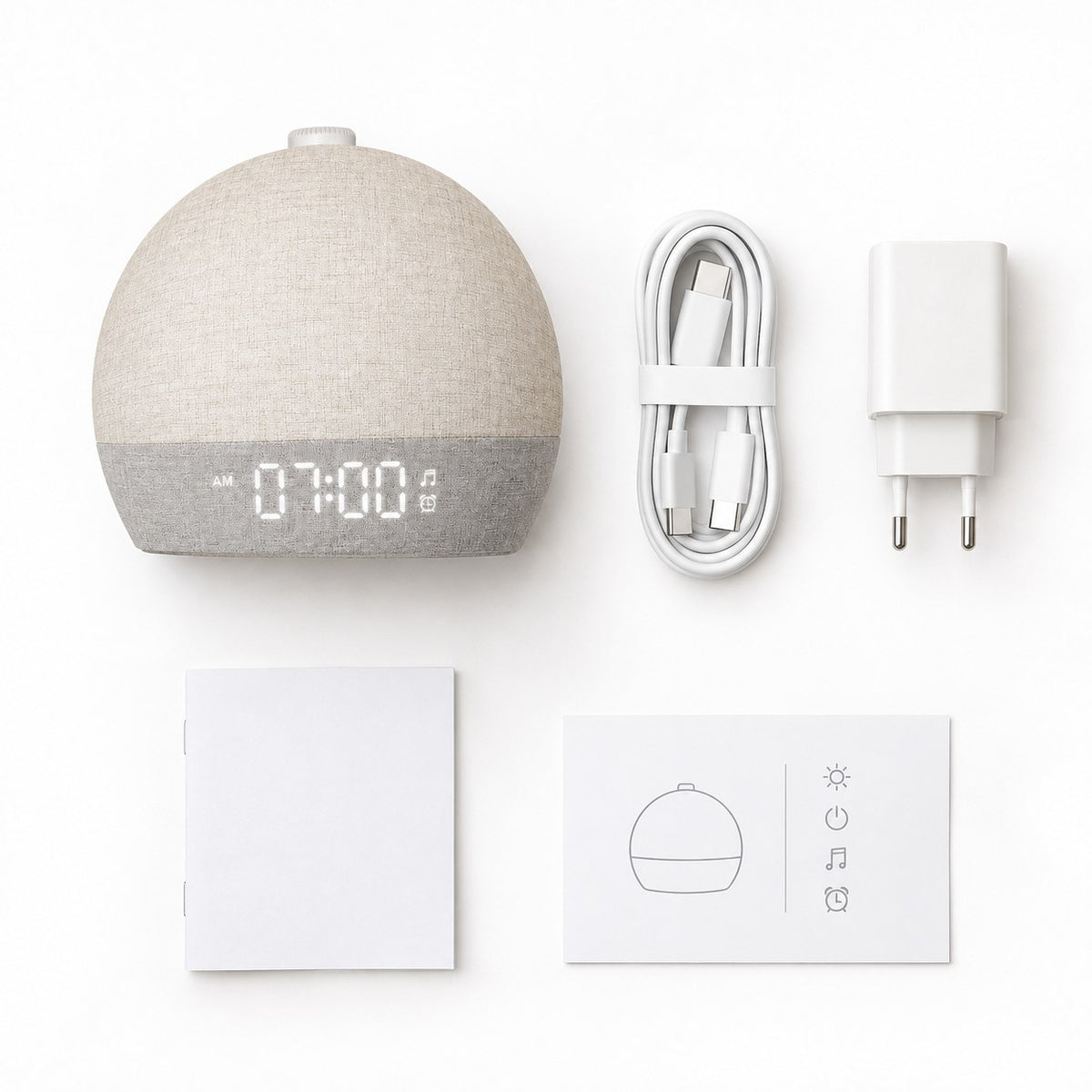 In de doos: wekker, USB-C-kabel, netadapter, snelstartgids en handleiding