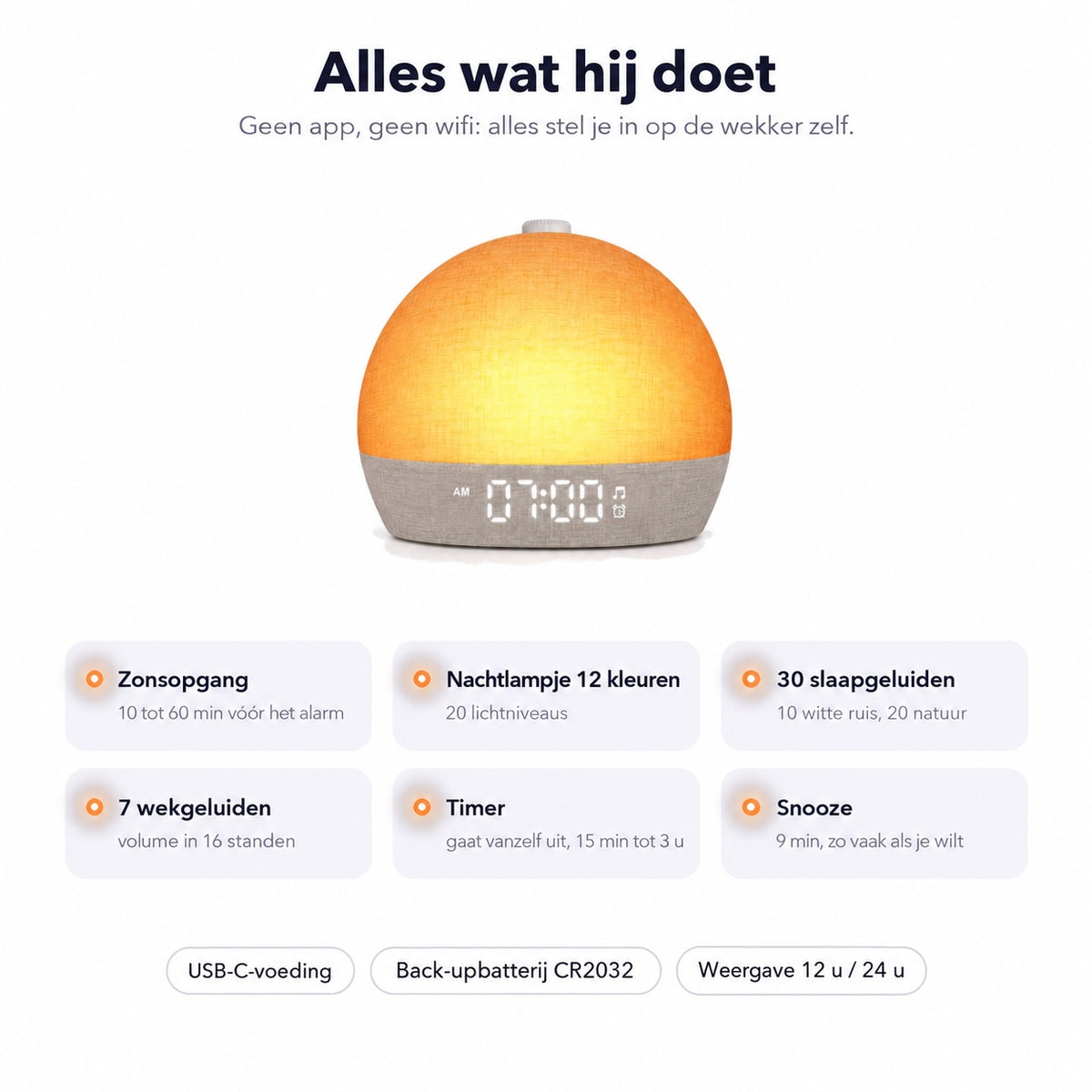 Alles wat Gloorlicht doet: zonsopgang, nachtlampje in 12 kleuren, 30 geluiden, wekgeluiden, timer, snooze