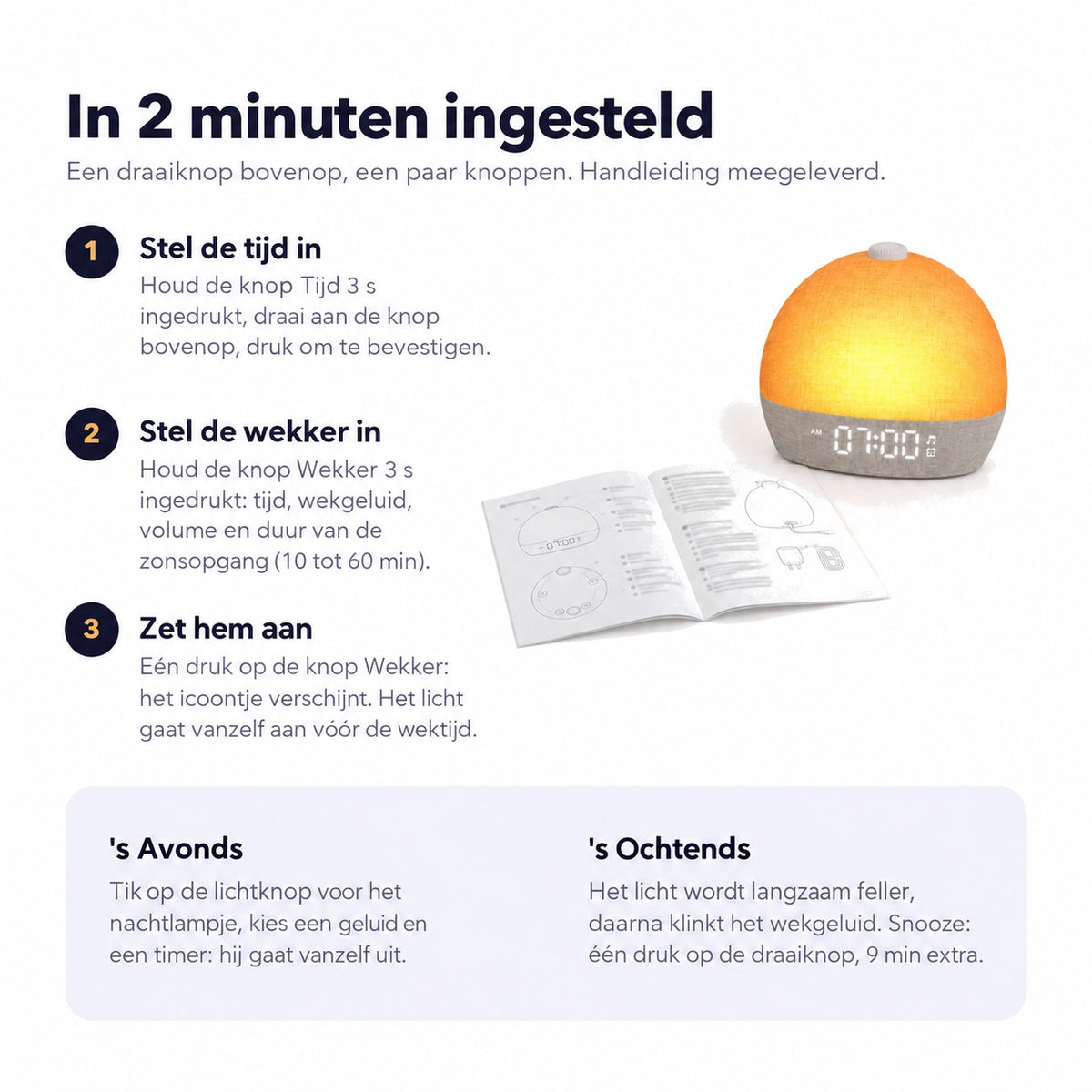 In 2 minuten ingesteld: tijd, wekker, activeren